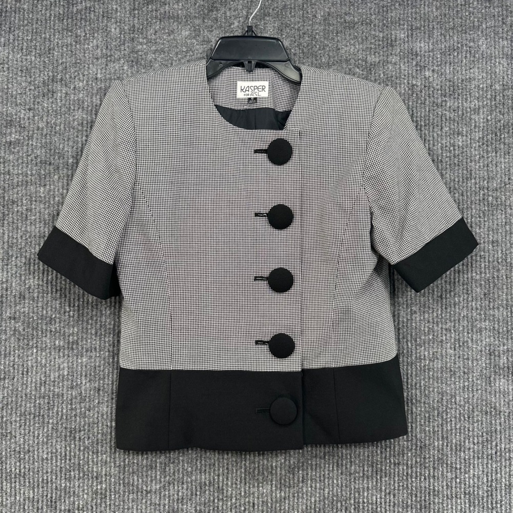 Kasper Blazer Women 6 Black White Excellent Houndstooth Short Sleeve Button